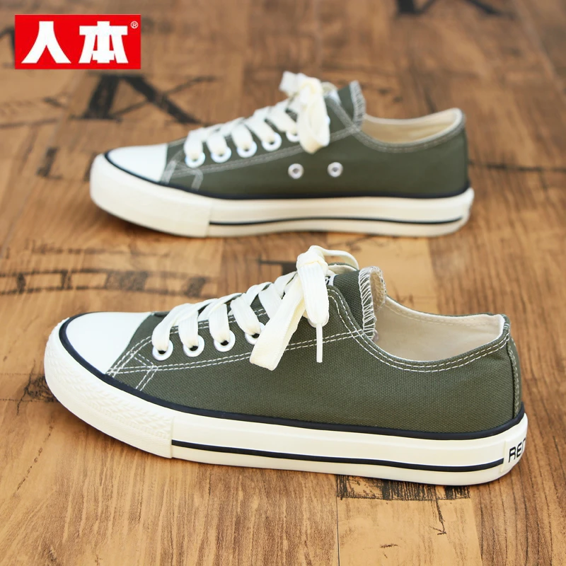 人本绿色帆布鞋女2025秋季新款平底板鞋百搭透气学生休闲运动鞋子