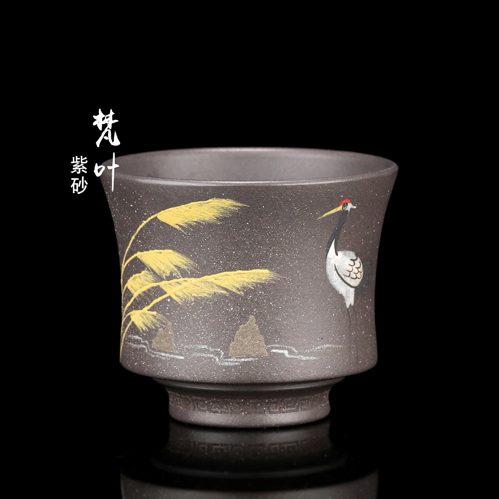 全手工天青主人杯高档茶杯宜兴紫砂品茶杯送礼佳品泥绘仙鹤160cc