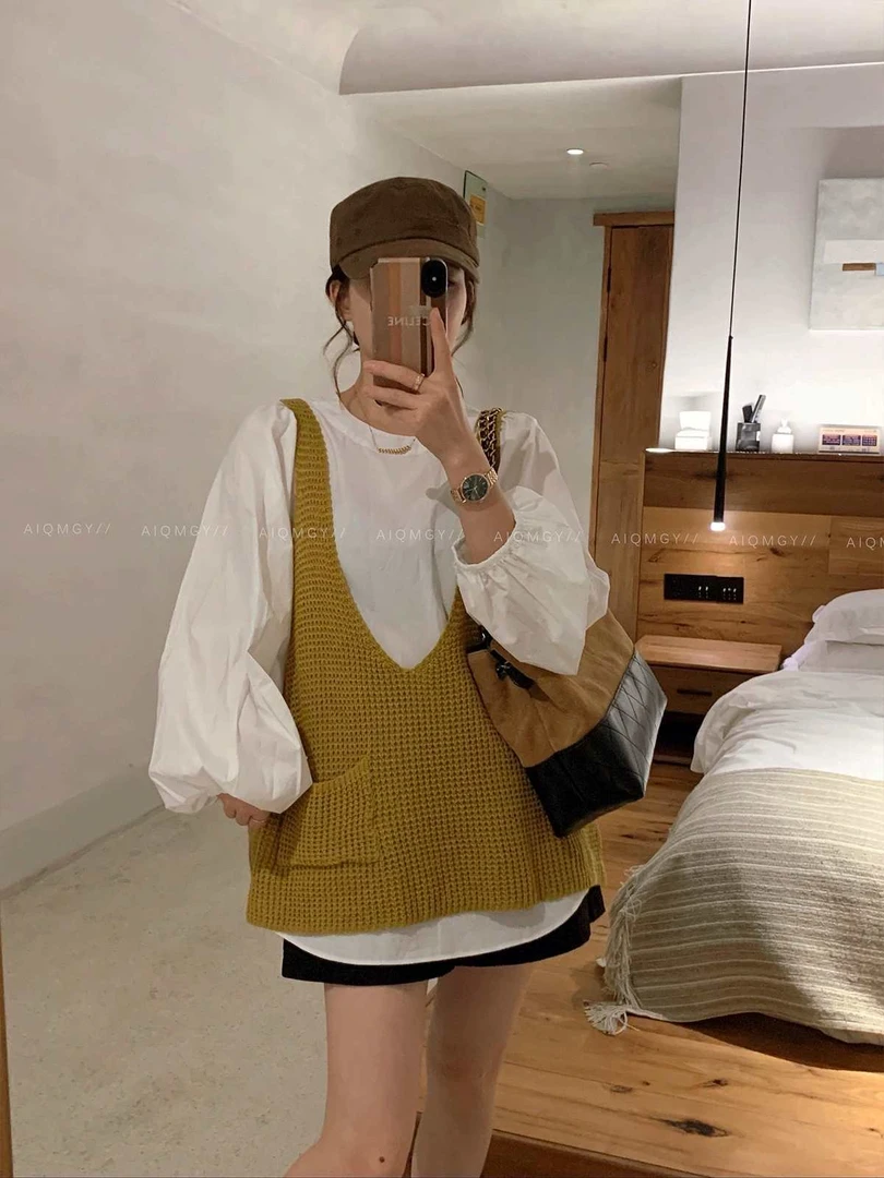 9988慵懒风灯笼袖厚款针织衬衫蓝样