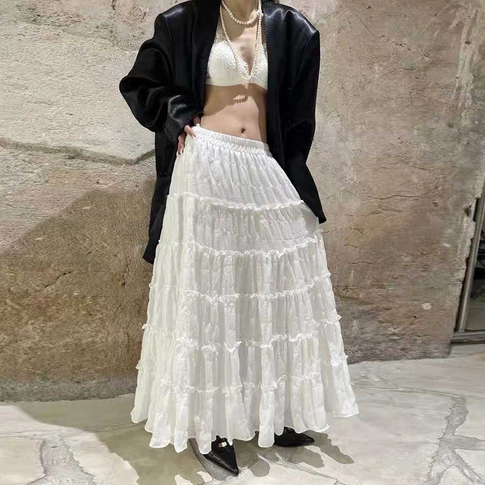 春夏新款韩系高腰温柔显瘦蕾丝长裙女时尚气质百搭高腰蛋糕裙