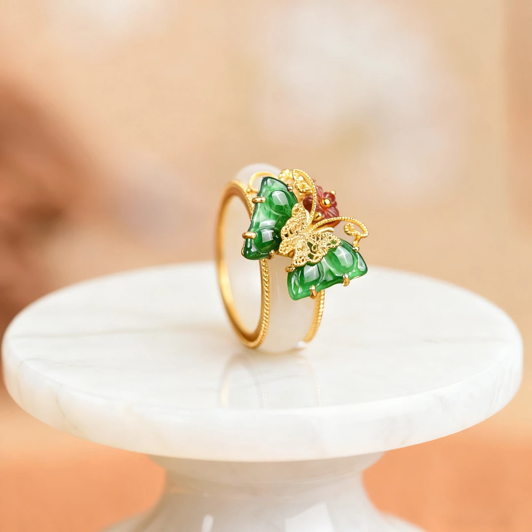 戊申堂【玉蝴蝶】和田玉戒指翡翠蝴蝶两带款送礼 国风珠宝商品图