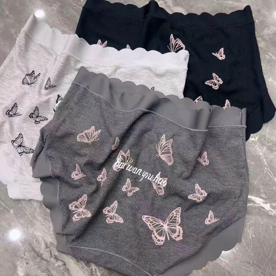 春季新款无痕螺纹棉蝴蝶印花内裤中高腰女士舒适透气卡通三角裤