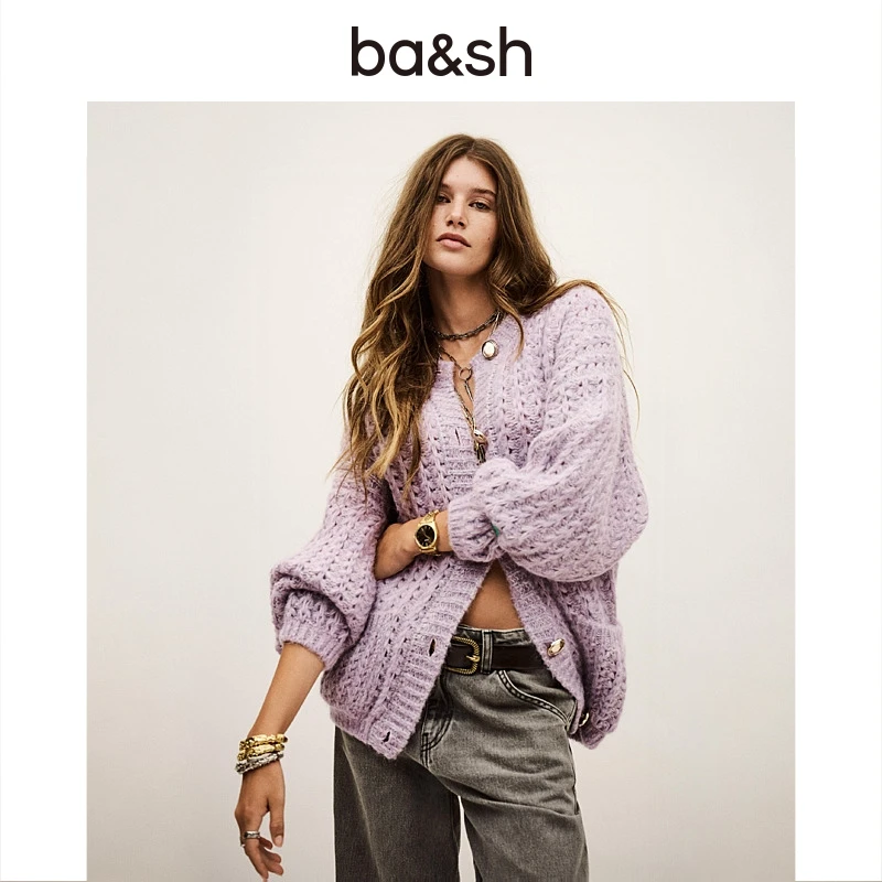 【臻奢系列】ba&sh2025新款秋季薰衣草紫针织开衫外套毛衣1H25BOSI