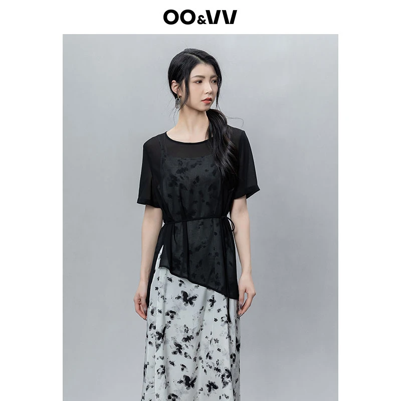 OO&VV黑色短袖设计感上衣+水墨蝴蝶印花吊带连衣裙女两件套2025夏