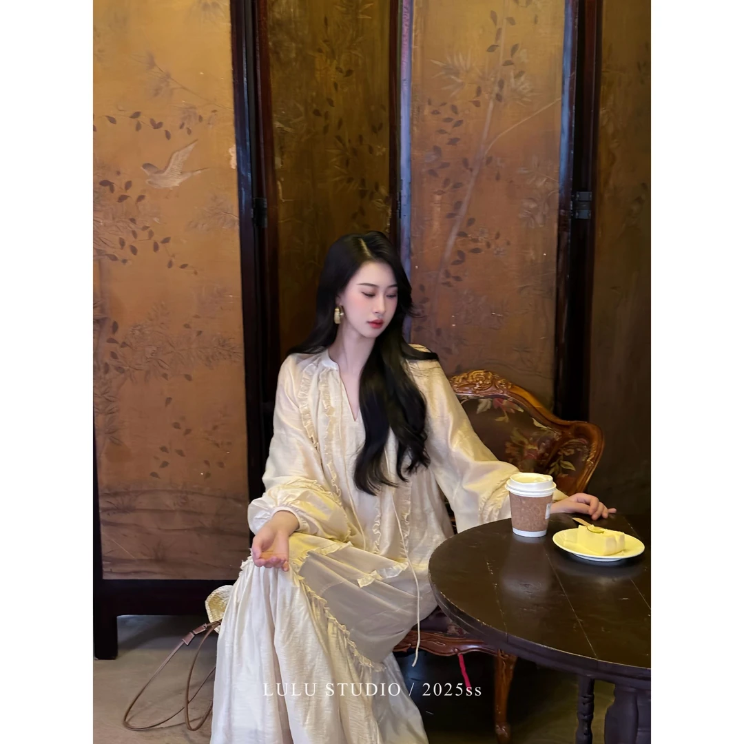 【璐璐专属】灯笼袖长款拼接慵懒风法式灯笼下摆夏季连衣裙 YX25418
