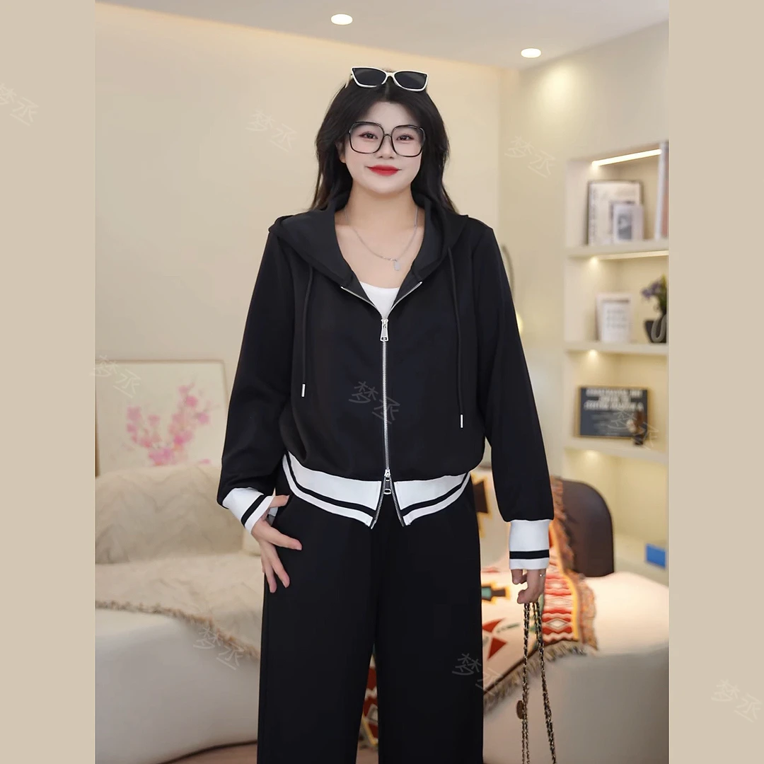 梦丞-大码女装冬季运动风时尚显瘦遮肉百搭休闲上衣+阔腿裤套装