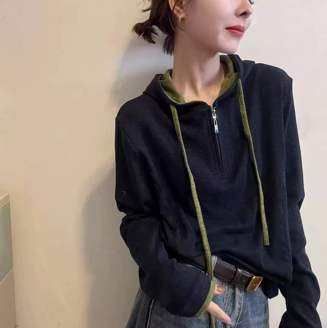 【李姑娘专属】8726半拉链连帽拼色设计假两件加厚德绒