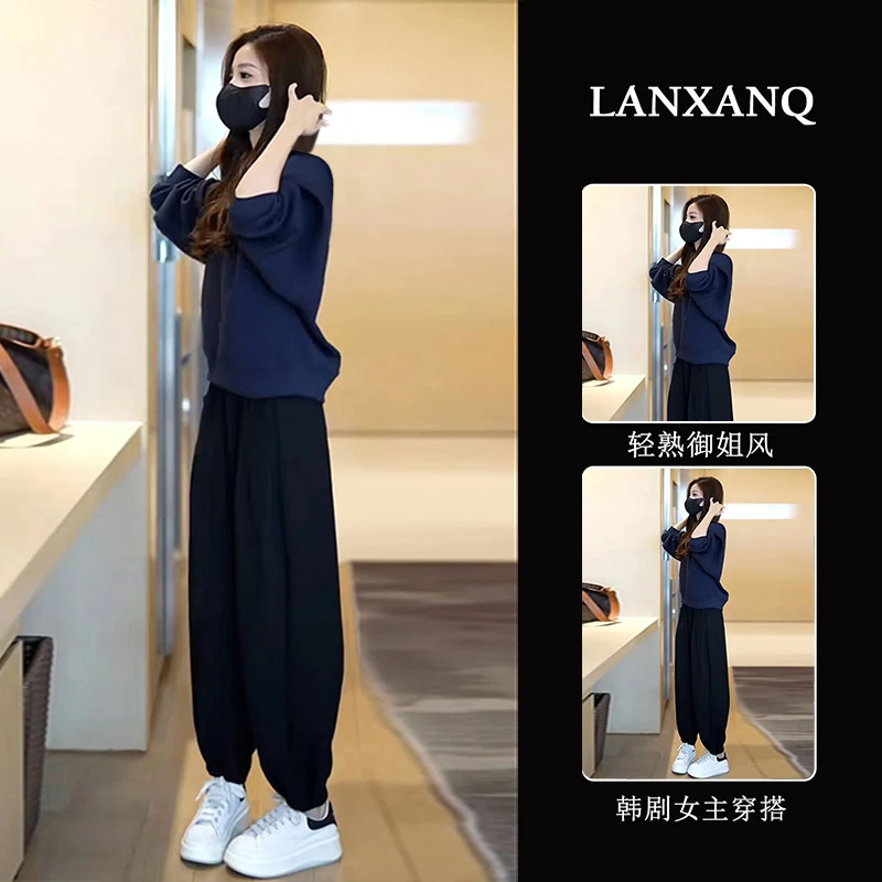 韩版大方得体温柔两件套2025新款宽松减龄圆领卫衣休闲哈伦裤子女