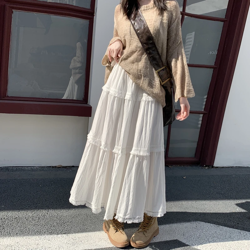 2025春夏新款白色半裙蕾丝边拼接蛋糕裙长裙女高腰显瘦百搭A字裙