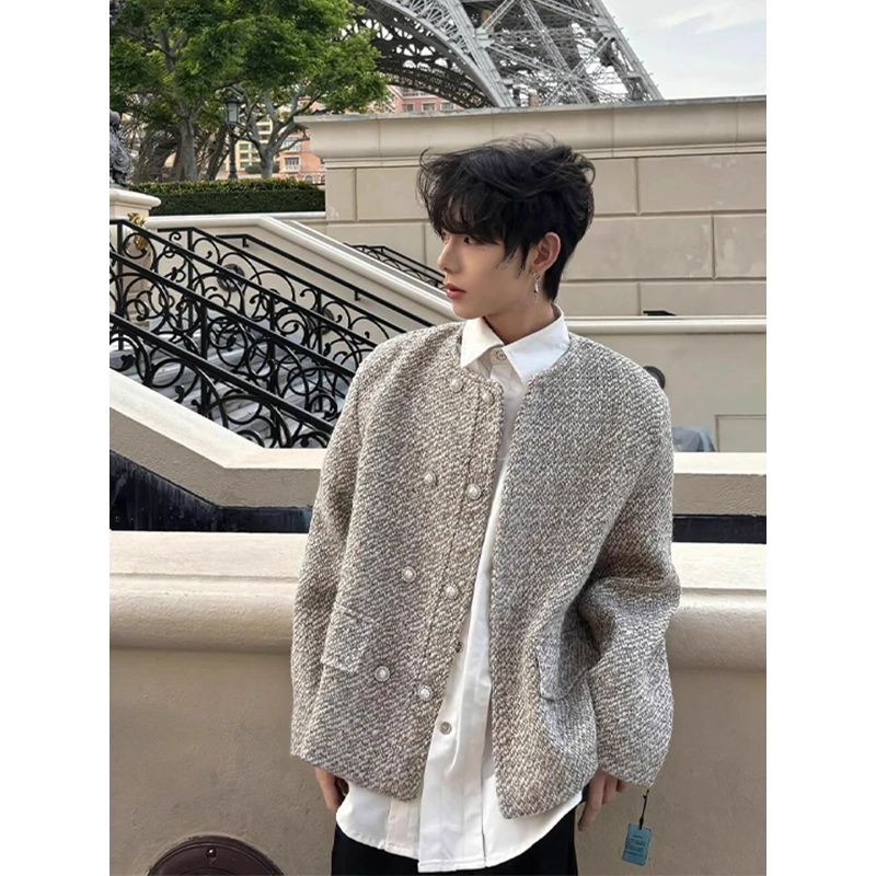 小香风双排扣垫肩西装外套男秋季高级感轻奢毛呢夹克男模穿搭上衣