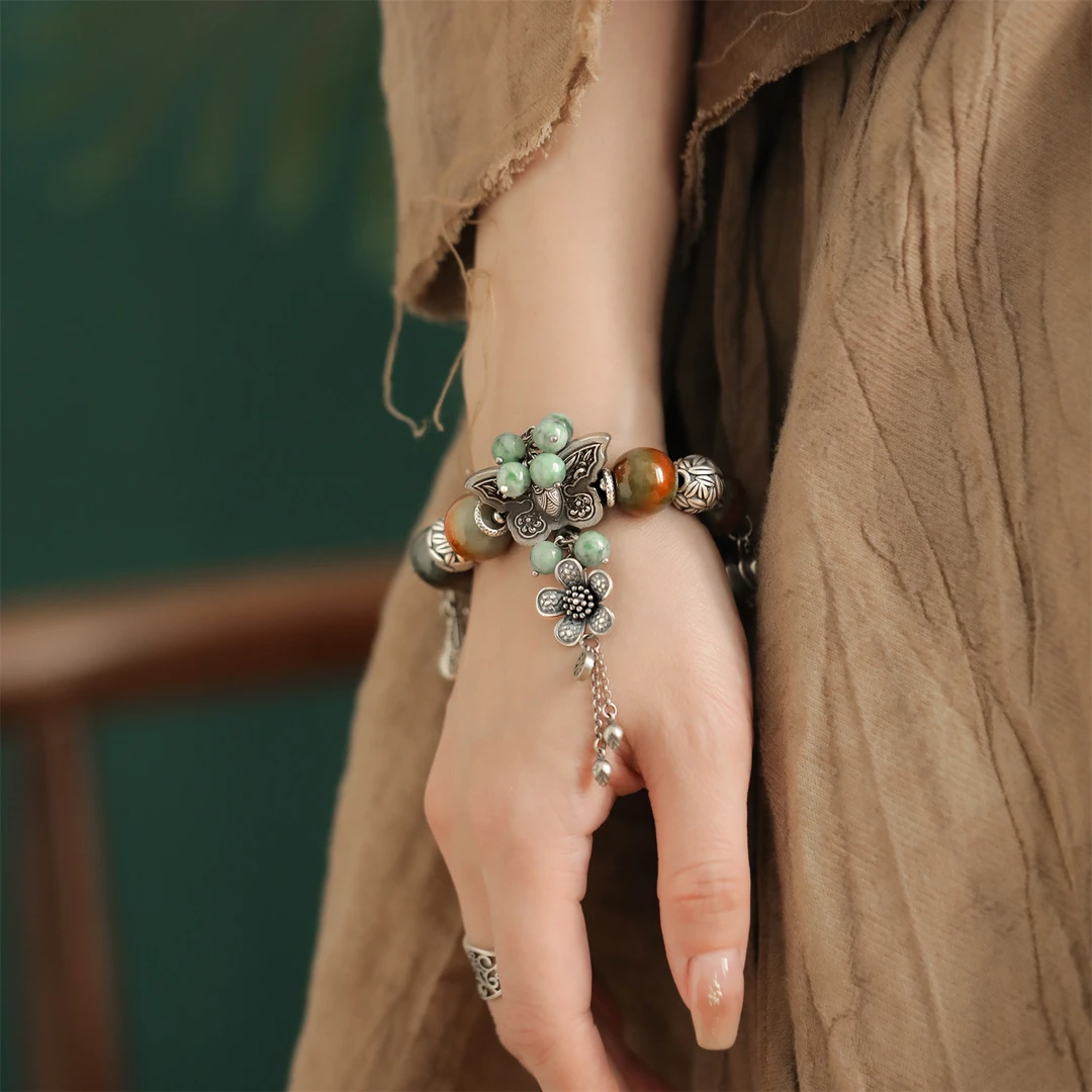 925银手链 S09828 双色圆珠龙珠蝴蝶大象吊坠弹力手链银手串国风