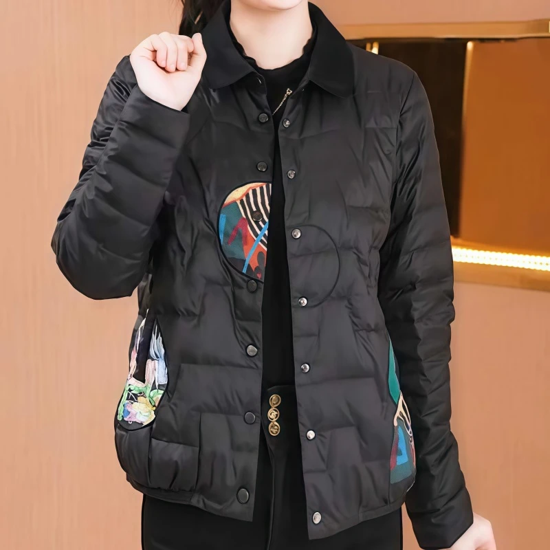 素订女装原创品牌旗舰店时尚洋气设计感印花百搭短款羽绒服冬季