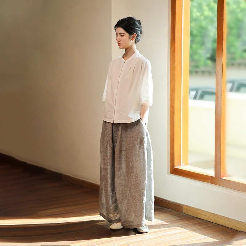 582朵【黑白灰系列·山本裤】高级灰法国亚麻色织宽松阔腿裤