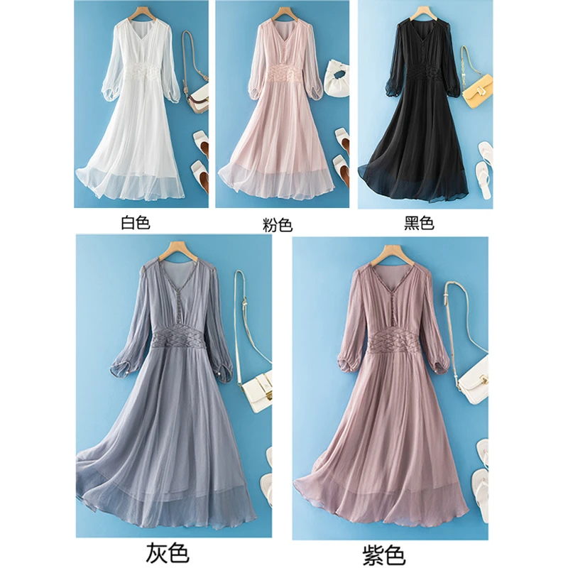 女装真丝连衣裙裙子OL气质通勤桑蚕丝沙滩长裙81075