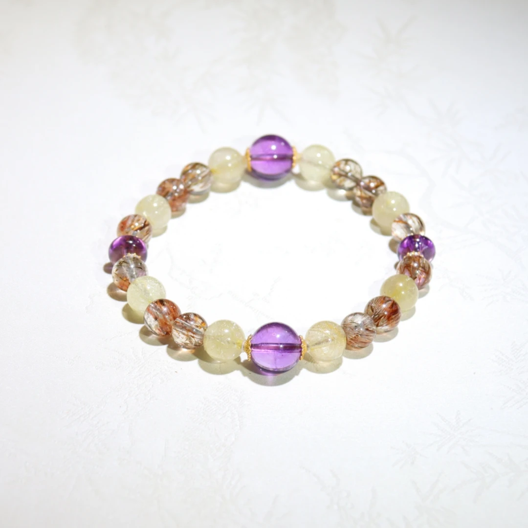 <紫灵>7mm黑金超七多宝维纳斯金发晶水晶手串