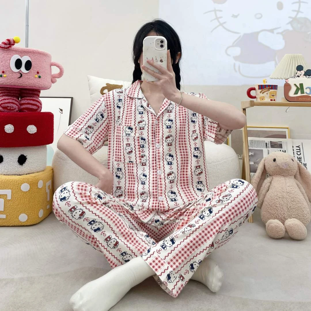 红格KT猫云朵棉甜美波点睡衣女夏季短袖长裤可外穿大码居家服套装