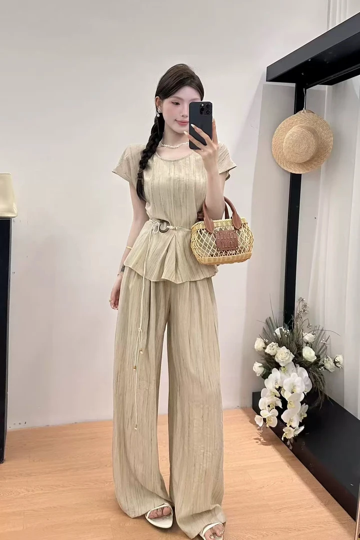 【钰姐精选】莲依5086-夏季洋气显瘦气质时尚短袖棉麻长裤两件套