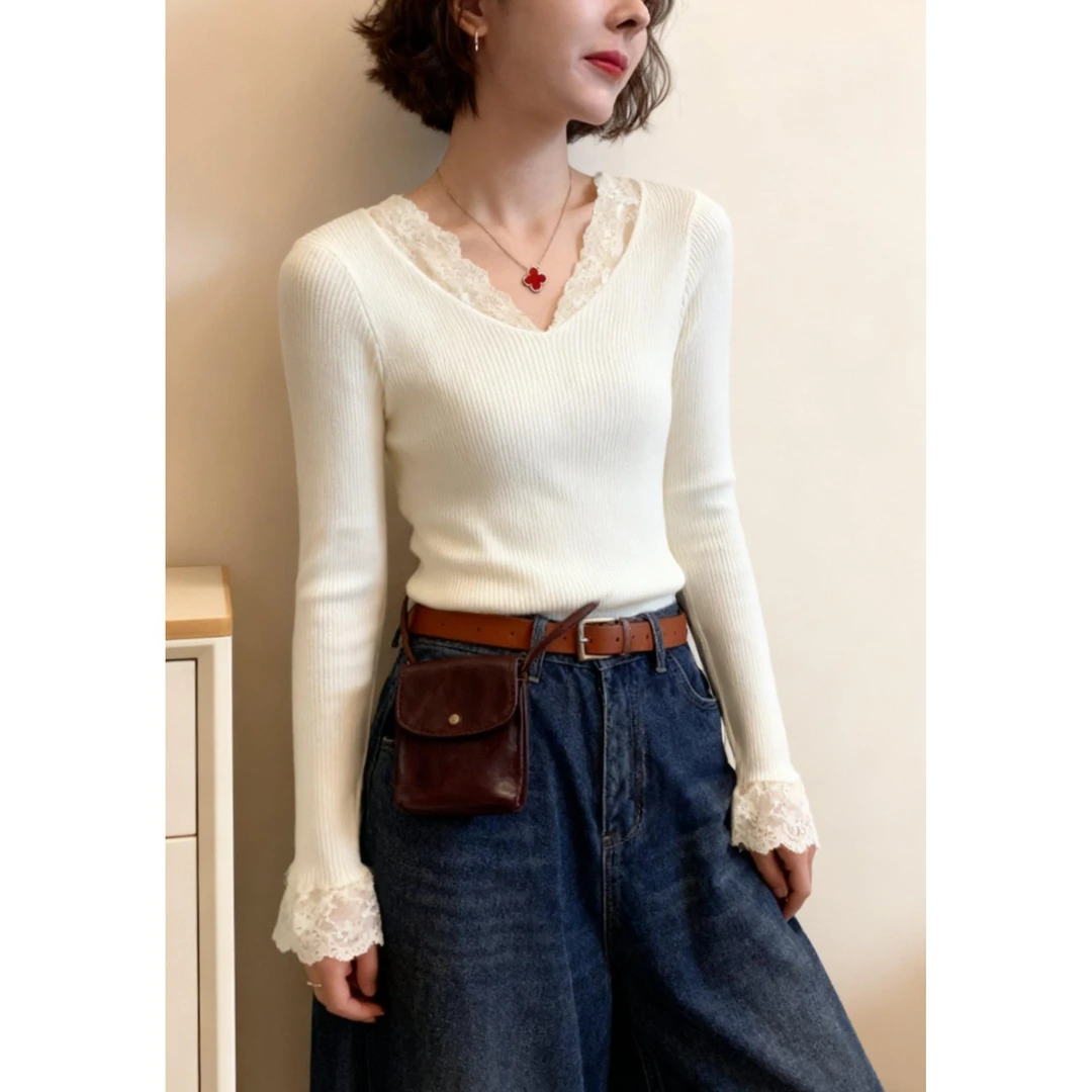 SS3003欧货杏色v领打底衫女内搭秋冬季蕾丝拼接针织衫长袖毛衣