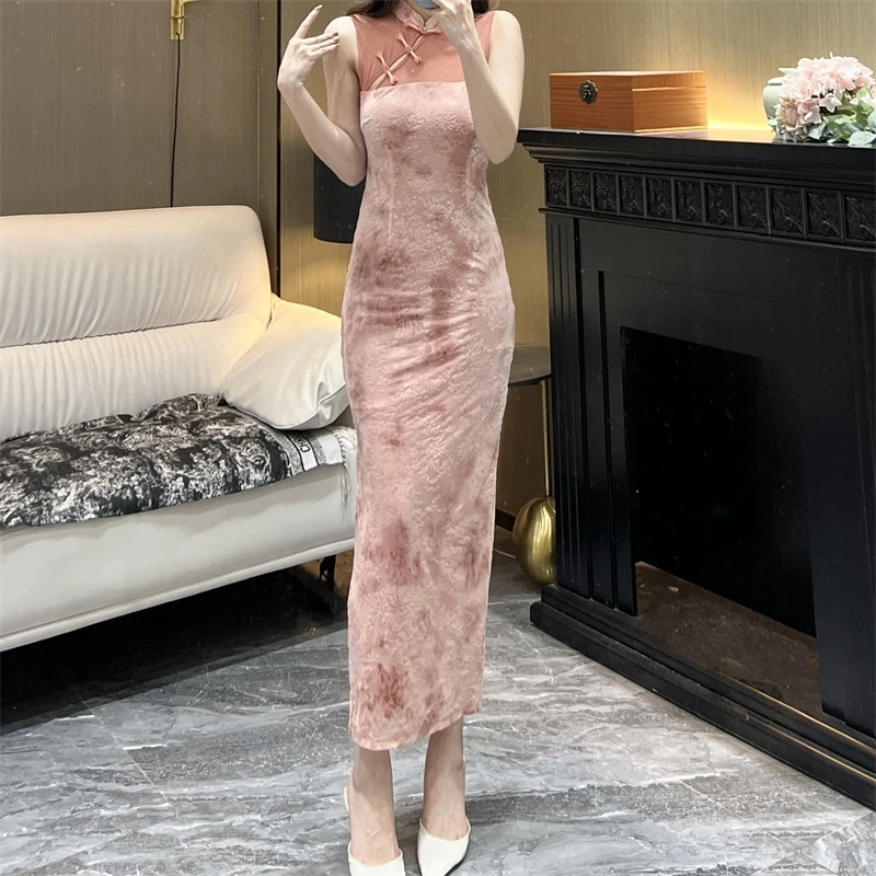 气质女人味轻奢立领无袖烧花扎染梅雪霜花显瘦性感包身开衩连衣裙