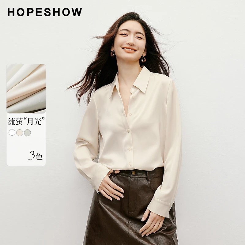 红袖2025冬女装 缎面不对称单排扣正肩长袖翻领短衬衫90125320303