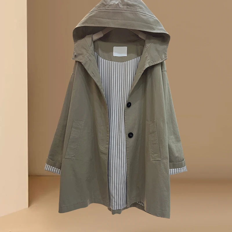 2025春秋新款韩版休闲纯色宽松上衣百搭长袖中长款连帽风衣外套女