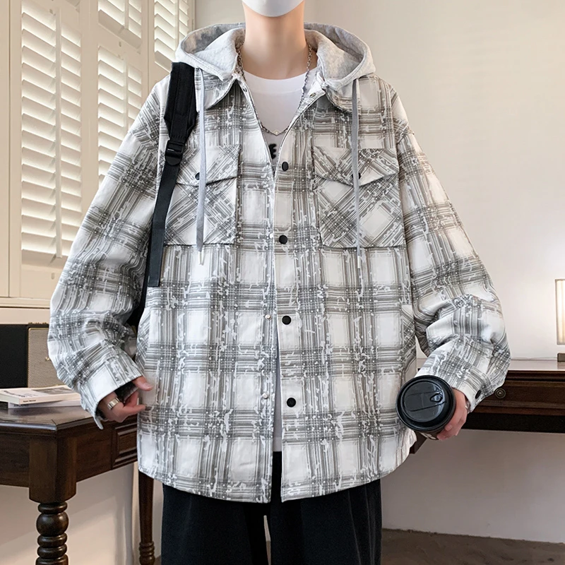 青少年秋新款可脱卸帽连帽格子外套韩版帅气ins风设计感潮流夹克