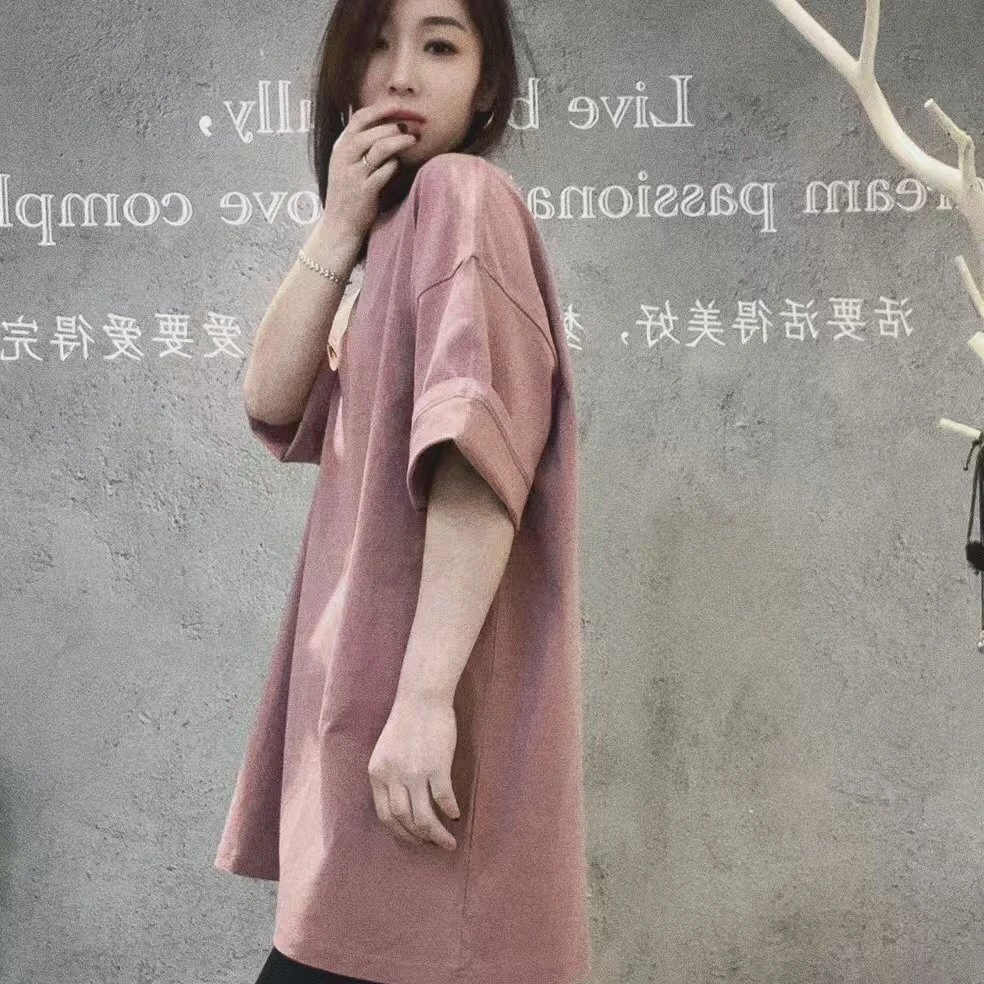 休闲百搭夏季宽松长款纯色韩版显瘦时尚简约ins圆领设计感日系T恤