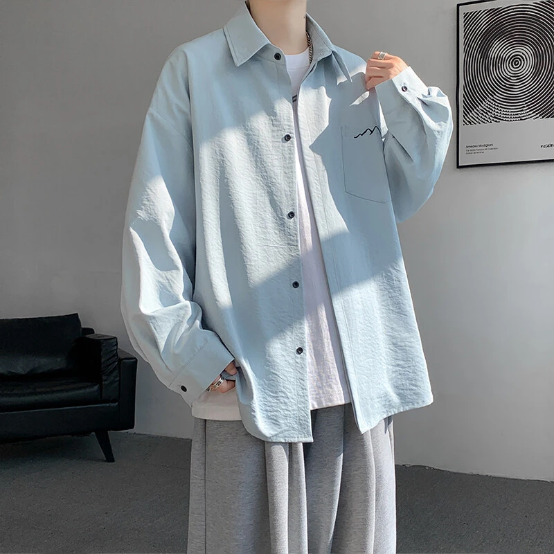 多巴胺浅蓝色长袖衬衫男春夏季oversize慵懒风衬衣高级感痞帅外套