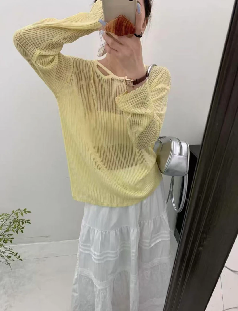 女装宽松镂空薄款上衣防晒毛针织衫针织衫套头显瘦长袖轻熟风