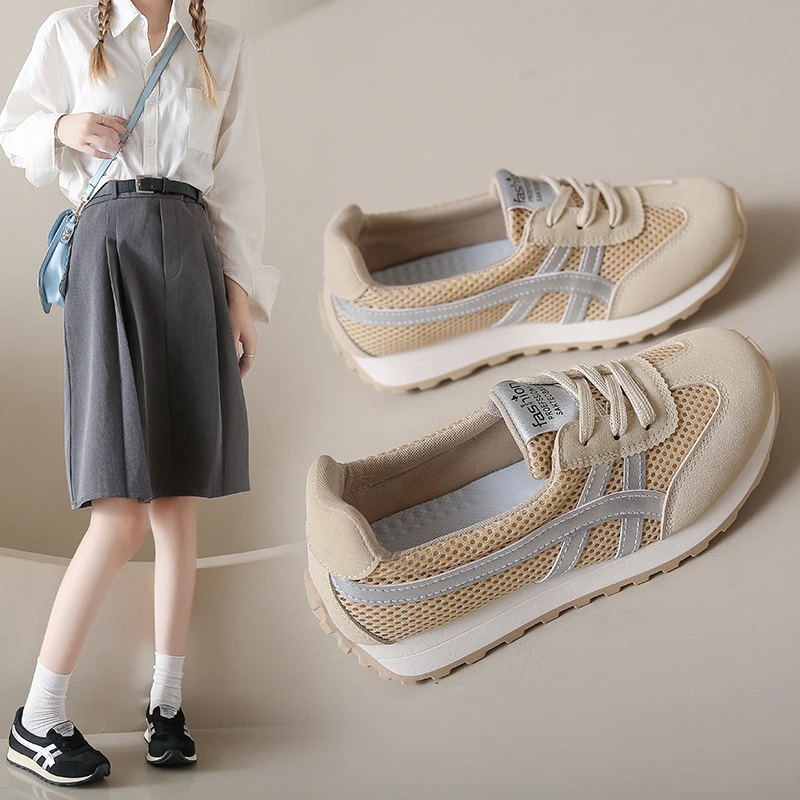 新款透气拼色皮面女鞋2025春夏休闲厚底板鞋韩版耐磨时尚百搭女鞋