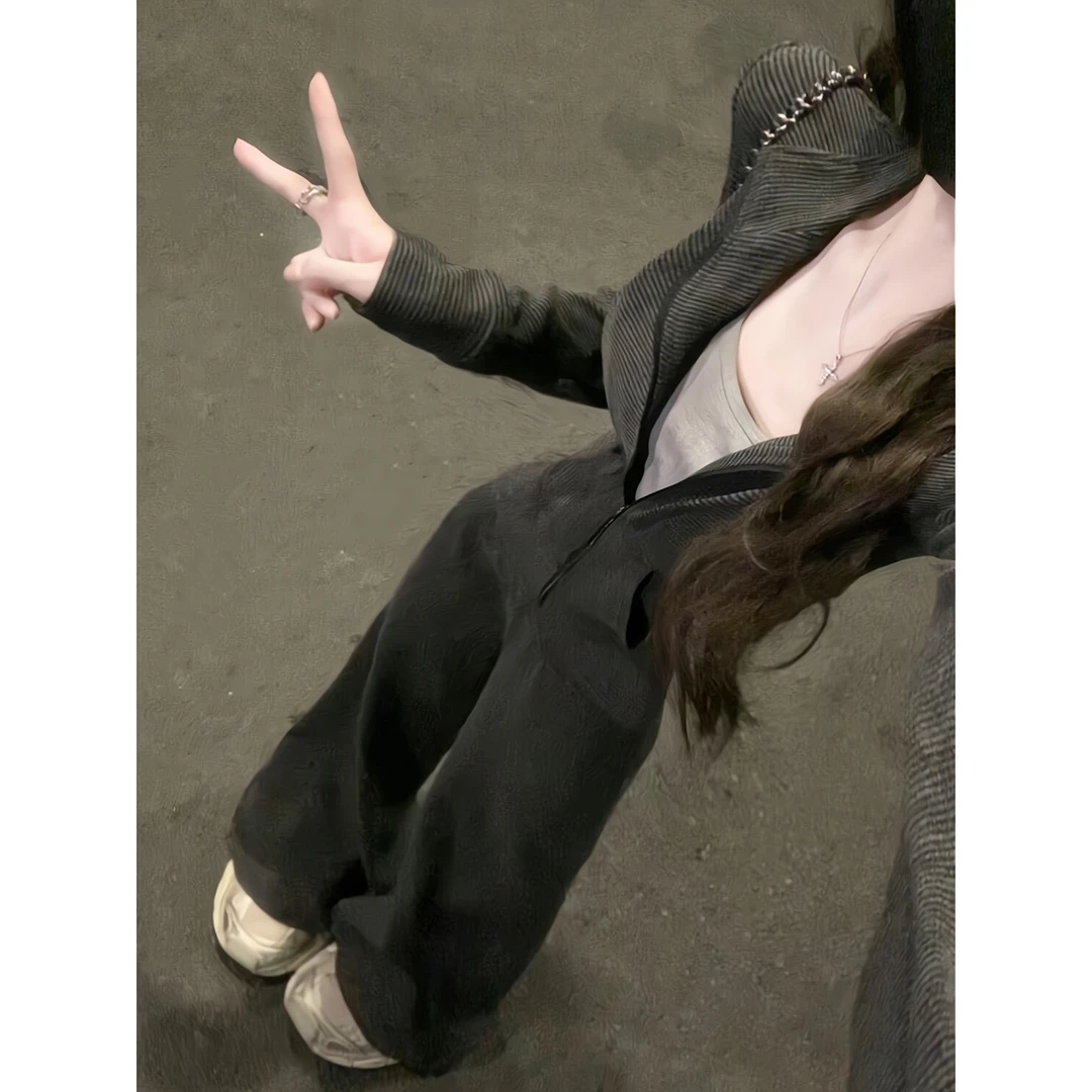 秋季立领开衫条纹收腰长袖卫衣百搭外套直筒宽松休闲阔腿裤休闲裤