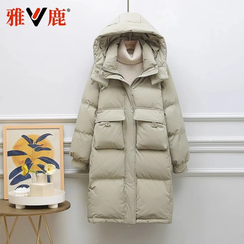 雅鹿2024新款羽绒服女中长款加厚连帽韩版外套冬鸭绒长款潮羽绒服