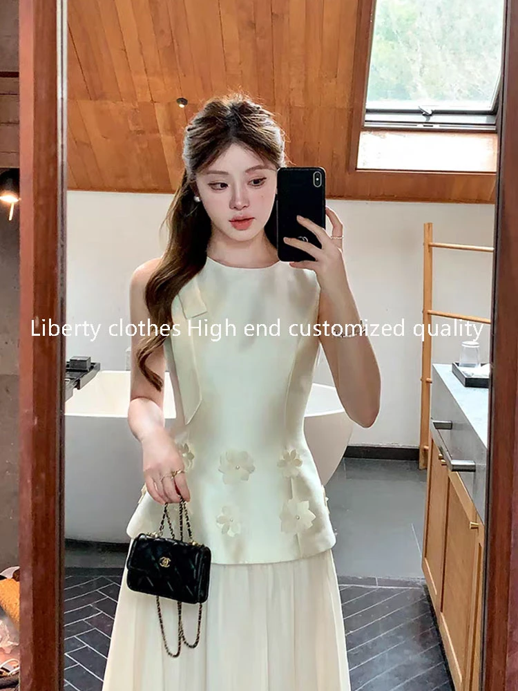 Liberty clothes 富家千金立体花朵无袖连衣裙白色掐腰仙女纱裙夏