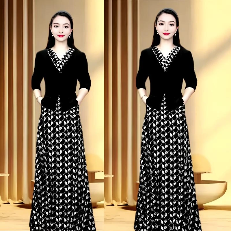 2025妈妈装花色长袖套头高腰连衣裙时尚打底宽松气质洋气减龄