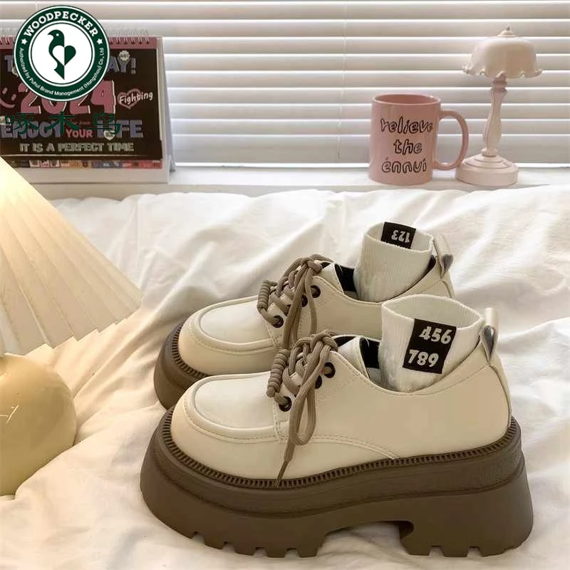 啄木鸟复古英伦风小皮鞋女2025春季新款厚底增高小个子乐福单鞋