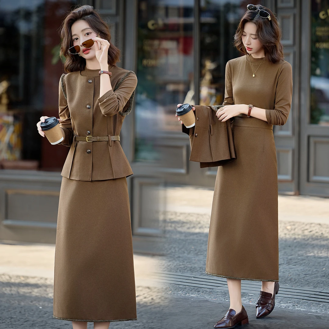 韩系气质毛边马甲套装女2025春秋新款设计感系带收腰半身裙三件套