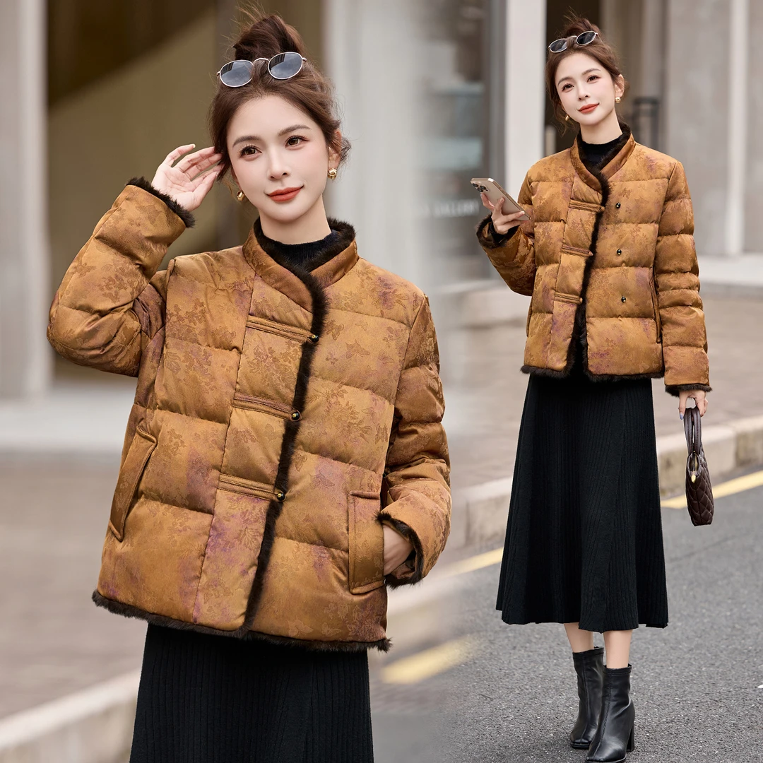 新中式国风羽绒服女冬季小个子高级感复古提花盘扣加厚白鸭绒外套