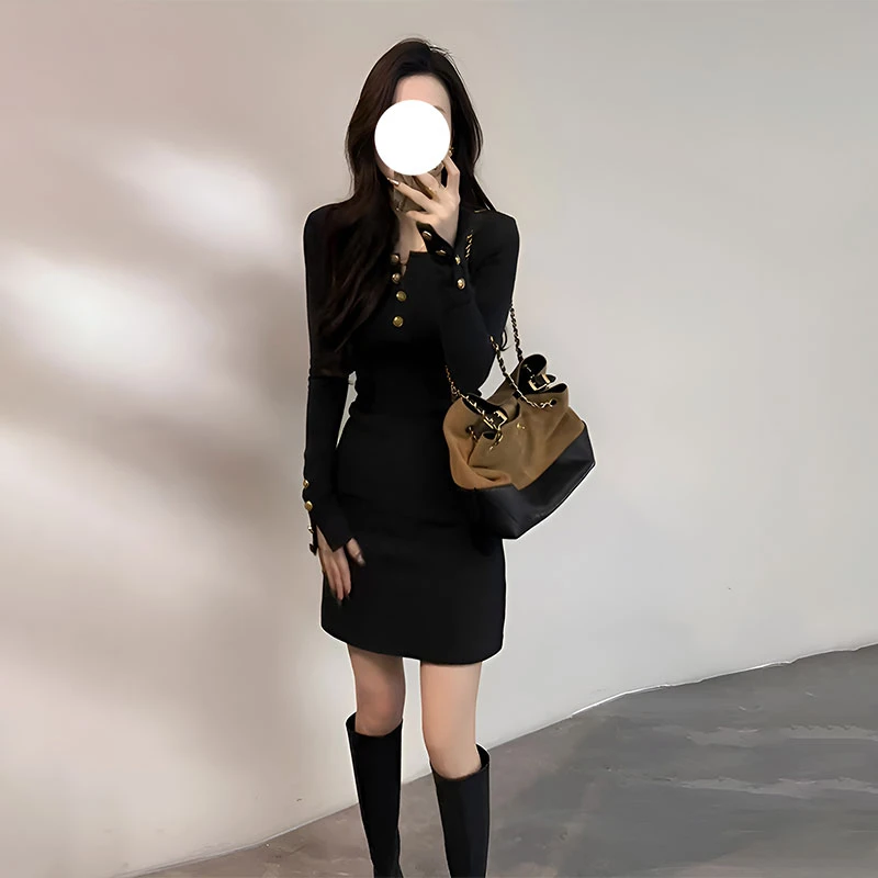 法式轻奢复古半开领长袖连衣裙女2025新款秋冬小众打底包臀短裙女