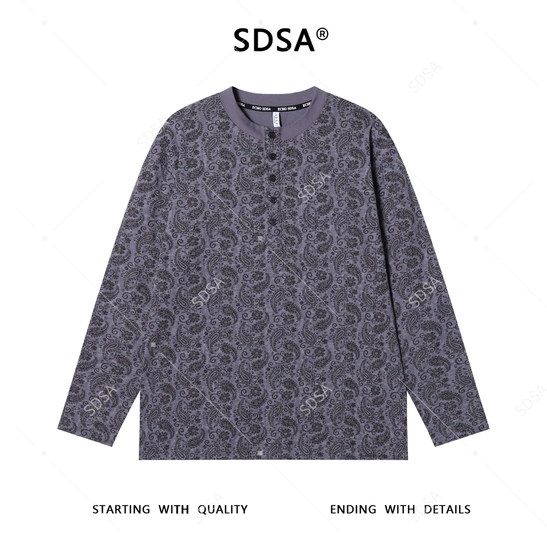 SDSA男士秋冬新款痞帅男装撞色植物花卉圆领半纽扣长袖T恤网红款