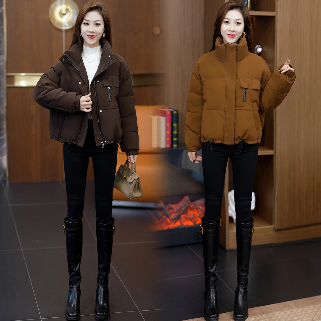 韩版时尚立领短款PU皮棉服女2025冬季新款洋气休闲加厚保暖外套潮