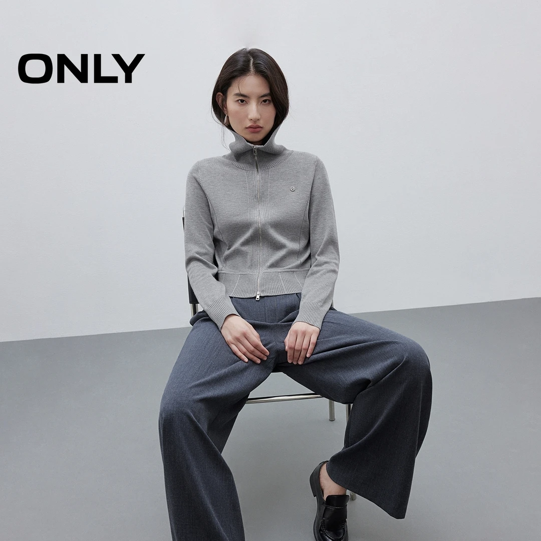 ONLY2025秋季新款软糯舒适翻领长袖拉链开衫针织衫女|12533A016