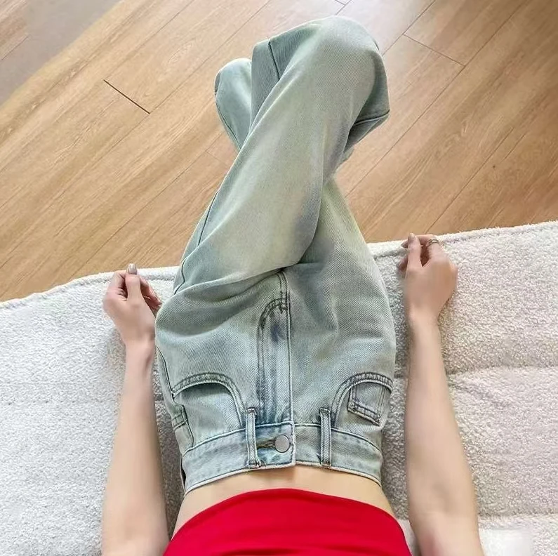 【现货现发】冰川蓝软牛仔刺绣高腰拖地小个子霍版阔腿裤