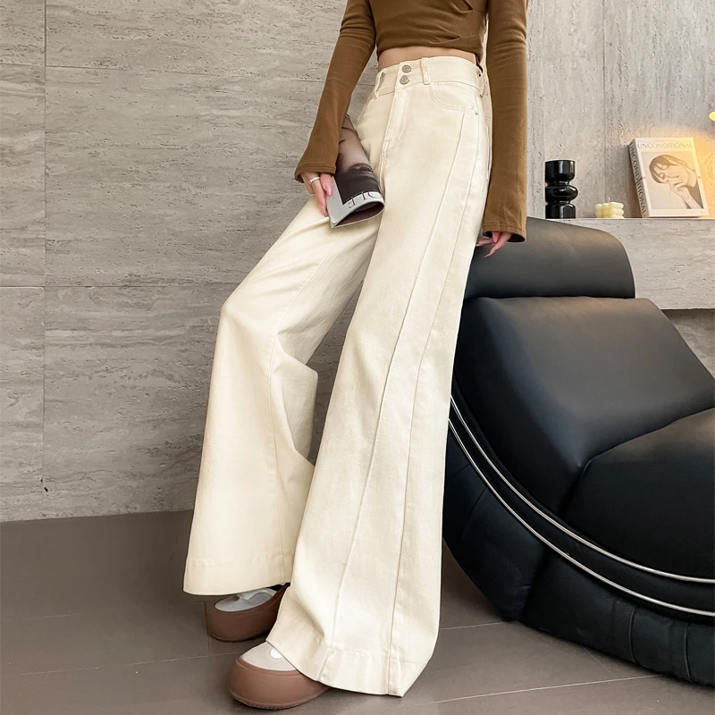 白色微喇牛仔裤女2025新款春秋高腰美式高个子宽松拖地喇叭阔腿裤
