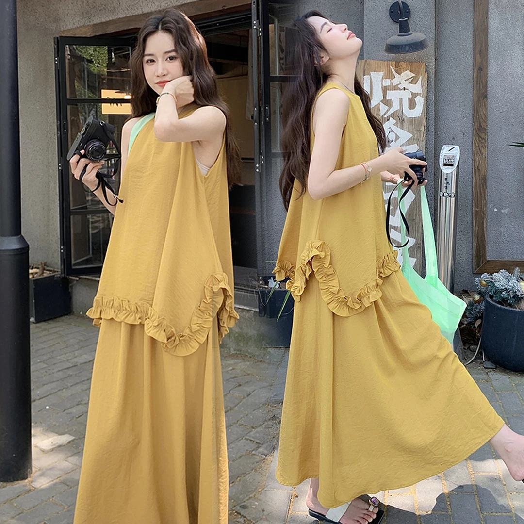 孕妇装套装夏季韩版法式温柔不规则皱褶无袖背心上衣+显瘦半身裙