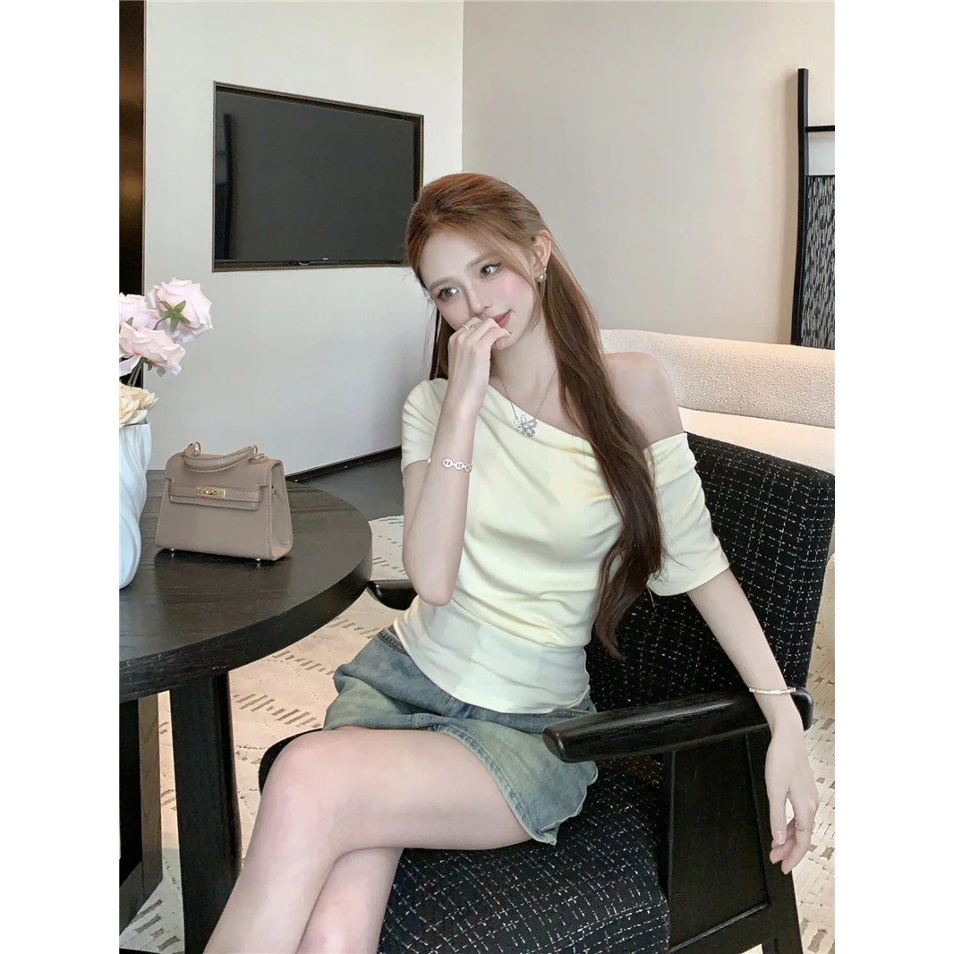 多种穿法纯欲短袖一字领褶皱常规款纯欲风T恤不规则洋气少女风ins