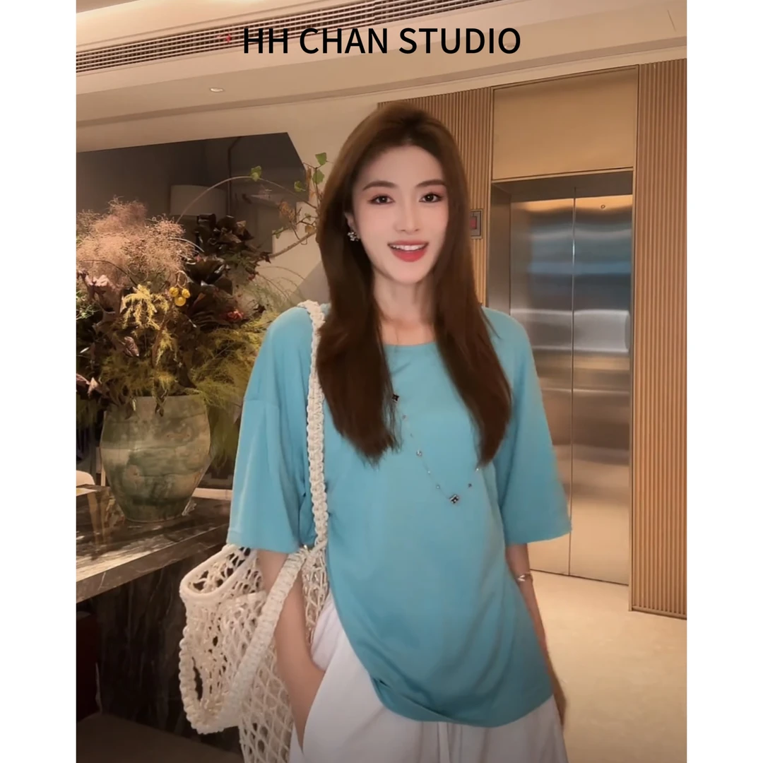 HH.CHAN“章若楠”定制棉明星同款蓝色宽松垂坠感短袖HH52D36375