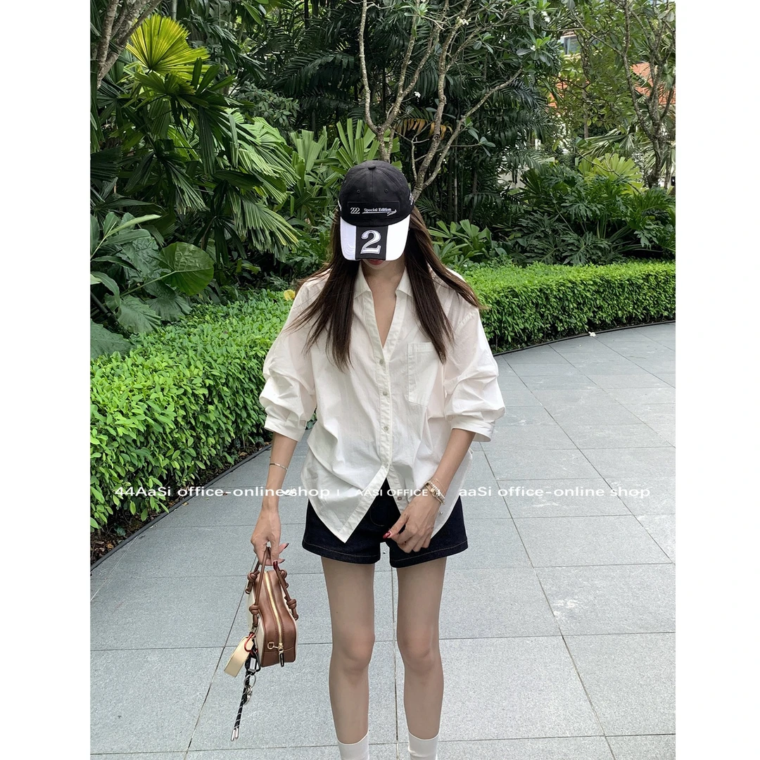 老钱风穿搭法式翻领白色防晒衬衫女夏季薄款微透外搭衬衣开衫上衣