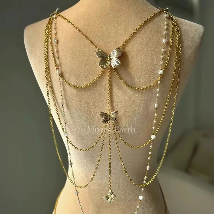 欧美性感风多层次金属蝴蝶项链背链叠戴流苏SOVOB珍珠腰饰女身体