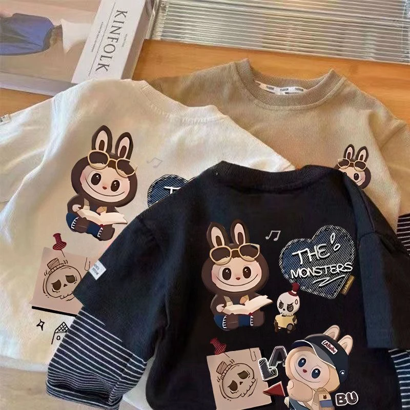 拉布布纯棉儿童长袖T恤春秋新款男女童假两件百搭上衣宝宝打底衫t