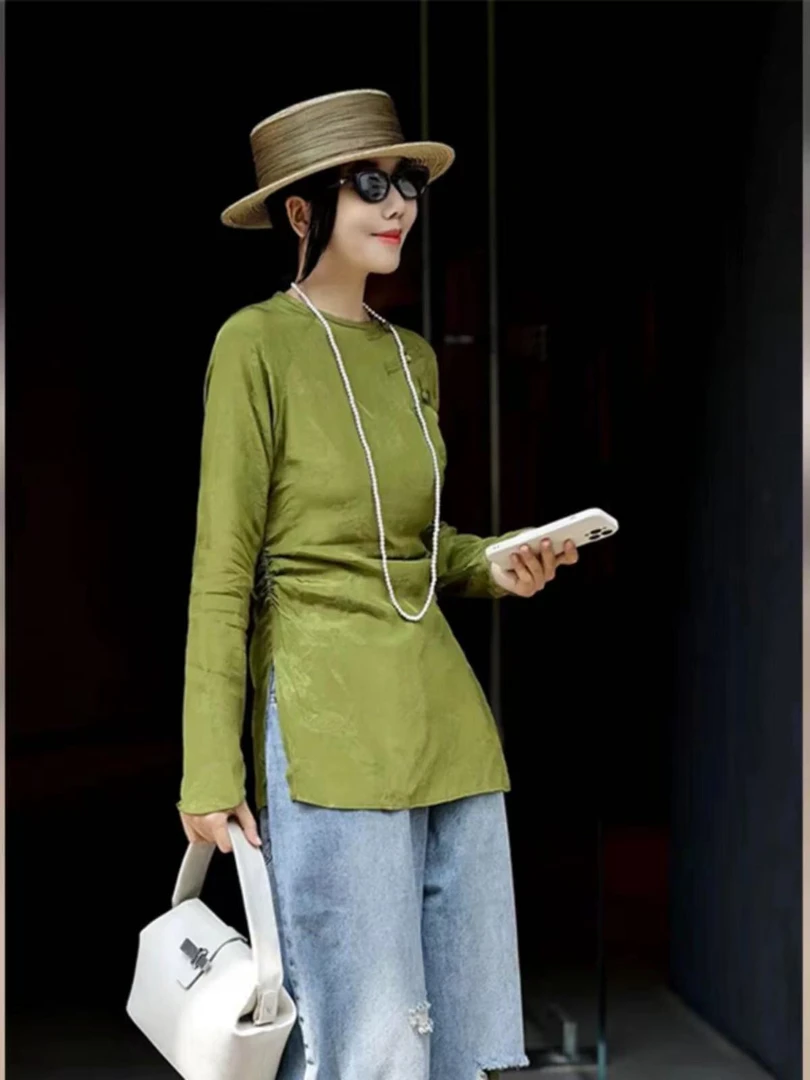 秋款M胸94长70掐腰显瘦长袖提花圆领衬衫高级感日常百搭 9646